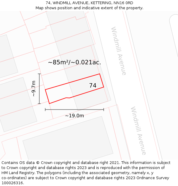 74, WINDMILL AVENUE, KETTERING, NN16 0RD: Plot and title map