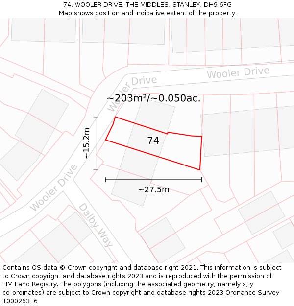 74, WOOLER DRIVE, THE MIDDLES, STANLEY, DH9 6FG: Plot and title map