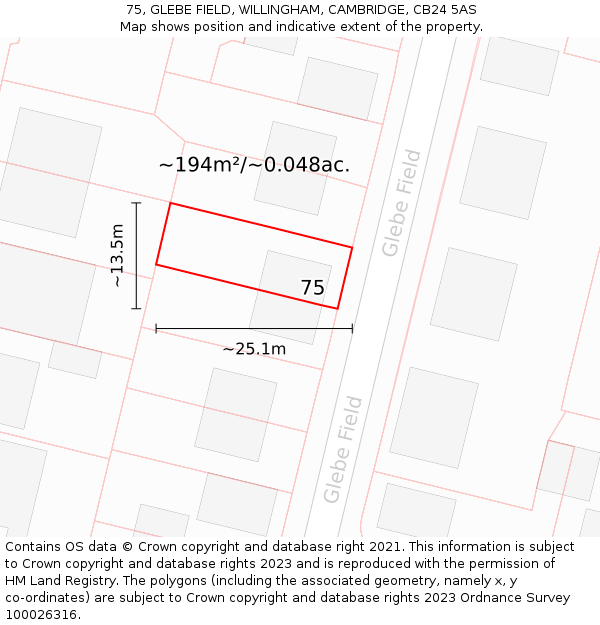 75, GLEBE FIELD, WILLINGHAM, CAMBRIDGE, CB24 5AS: Plot and title map