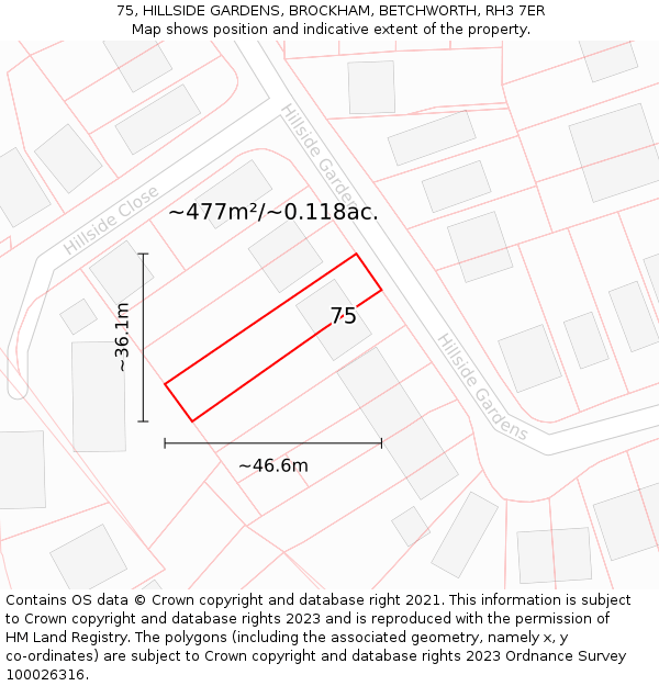 75, HILLSIDE GARDENS, BROCKHAM, BETCHWORTH, RH3 7ER: Plot and title map