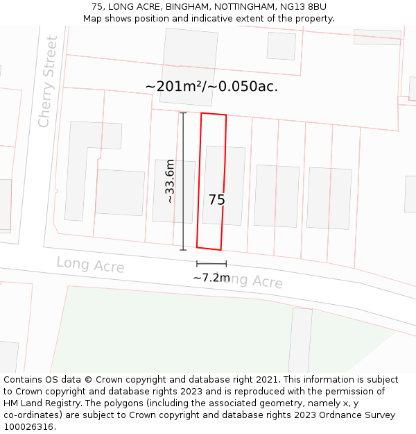 75, LONG ACRE, BINGHAM, NOTTINGHAM, NG13 8BU: Plot and title map