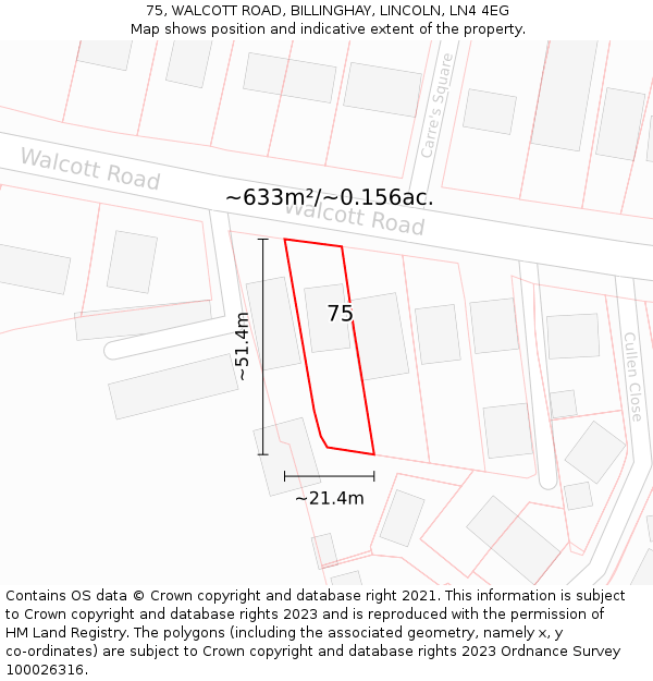 75, WALCOTT ROAD, BILLINGHAY, LINCOLN, LN4 4EG: Plot and title map