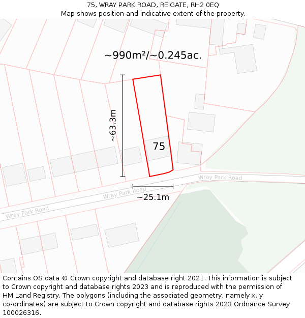 75, WRAY PARK ROAD, REIGATE, RH2 0EQ: Plot and title map