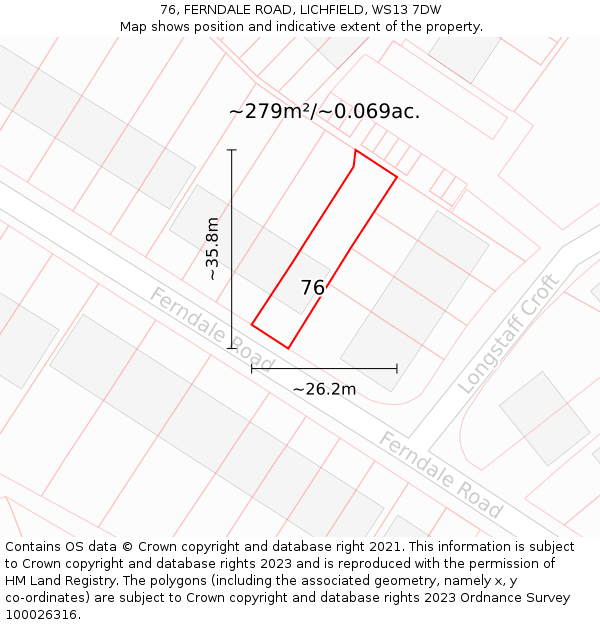 76, FERNDALE ROAD, LICHFIELD, WS13 7DW: Plot and title map