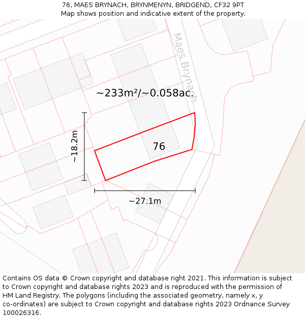 76, MAES BRYNACH, BRYNMENYN, BRIDGEND, CF32 9PT: Plot and title map