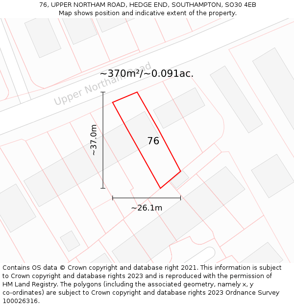 76, UPPER NORTHAM ROAD, HEDGE END, SOUTHAMPTON, SO30 4EB: Plot and title map