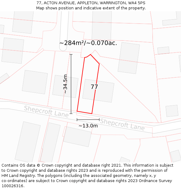 77, ACTON AVENUE, APPLETON, WARRINGTON, WA4 5PS: Plot and title map