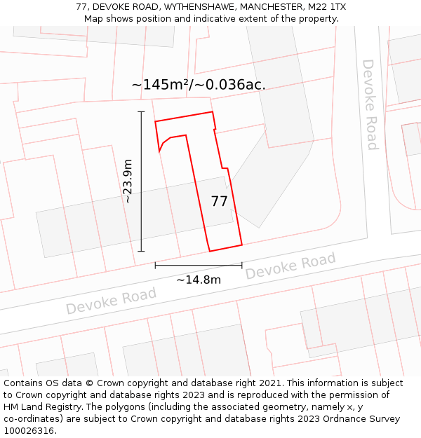 77, DEVOKE ROAD, WYTHENSHAWE, MANCHESTER, M22 1TX: Plot and title map