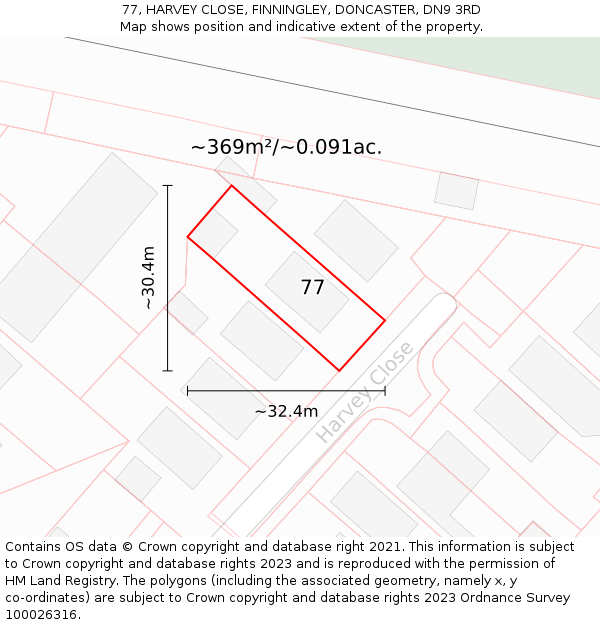 77, HARVEY CLOSE, FINNINGLEY, DONCASTER, DN9 3RD: Plot and title map