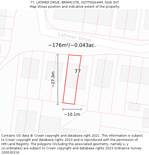 77, LATIMER DRIVE, BRAMCOTE, NOTTINGHAM, NG9 3HT: Plot and title map