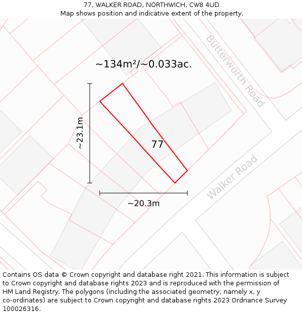 77, WALKER ROAD, NORTHWICH, CW8 4UD: Plot and title map