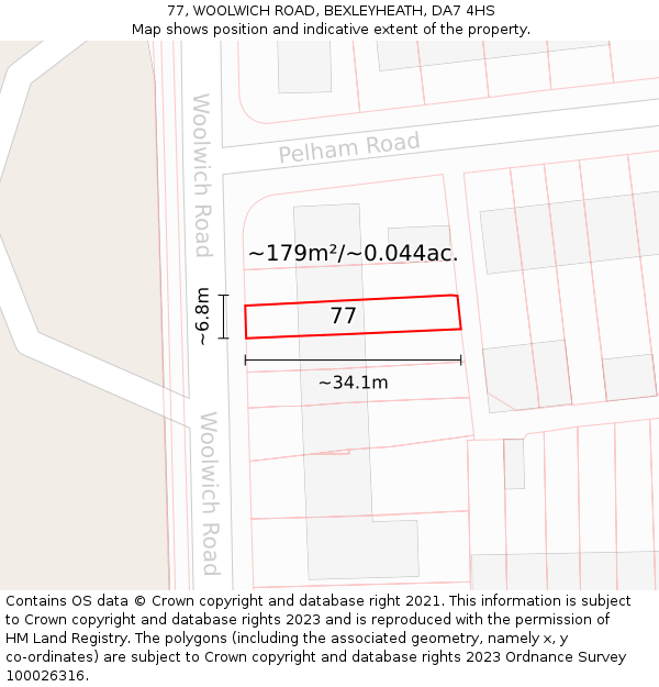 77, WOOLWICH ROAD, BEXLEYHEATH, DA7 4HS: Plot and title map