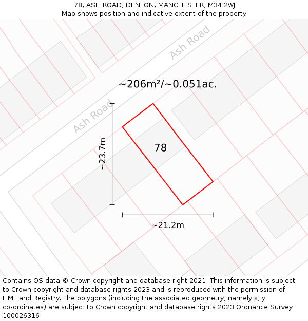 78, ASH ROAD, DENTON, MANCHESTER, M34 2WJ: Plot and title map