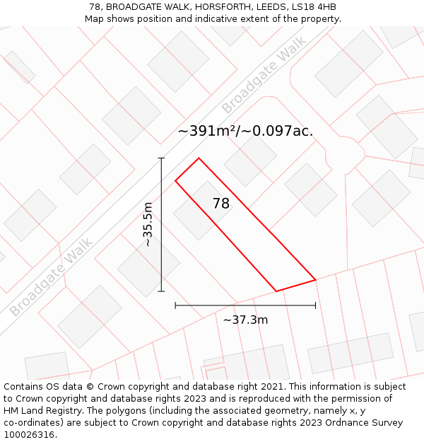 78, BROADGATE WALK, HORSFORTH, LEEDS, LS18 4HB: Plot and title map
