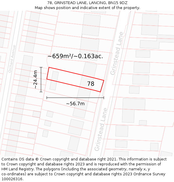 78, GRINSTEAD LANE, LANCING, BN15 9DZ: Plot and title map
