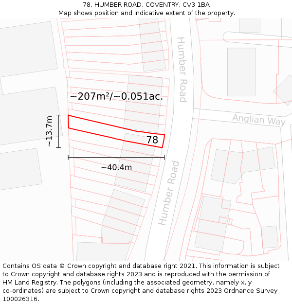 78, HUMBER ROAD, COVENTRY, CV3 1BA: Plot and title map