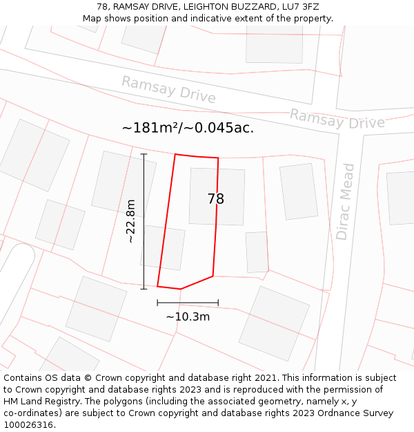 78, RAMSAY DRIVE, LEIGHTON BUZZARD, LU7 3FZ: Plot and title map