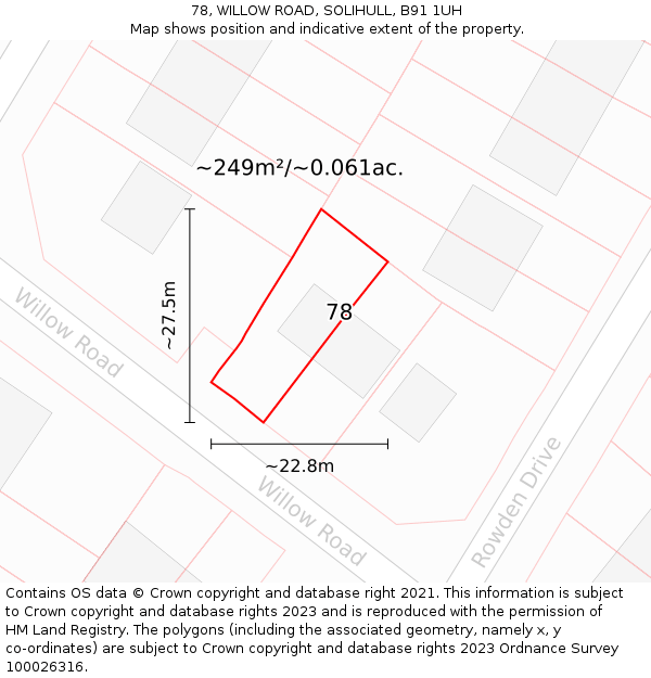 78, WILLOW ROAD, SOLIHULL, B91 1UH: Plot and title map