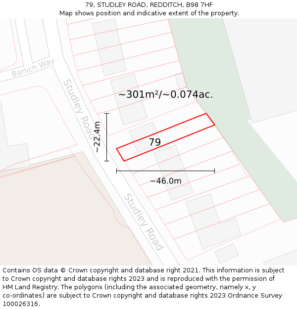 79, STUDLEY ROAD, REDDITCH, B98 7HF: Plot and title map