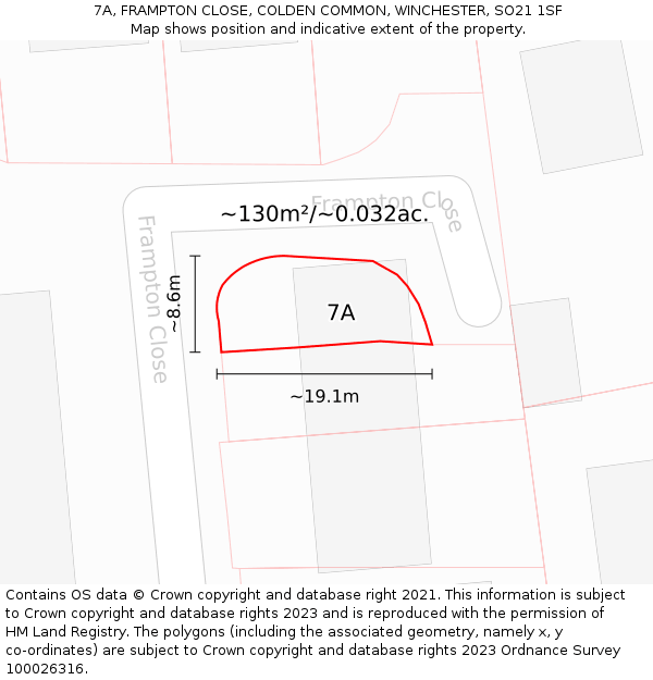 7A, FRAMPTON CLOSE, COLDEN COMMON, WINCHESTER, SO21 1SF: Plot and title map