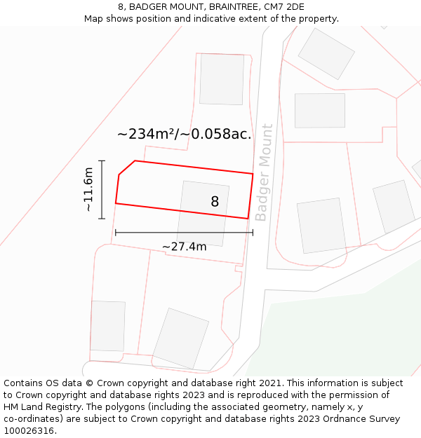 8, BADGER MOUNT, BRAINTREE, CM7 2DE: Plot and title map