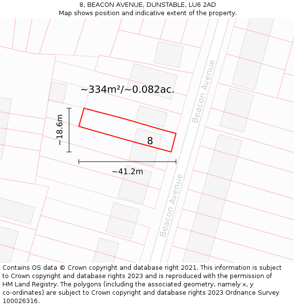 8, BEACON AVENUE, DUNSTABLE, LU6 2AD: Plot and title map