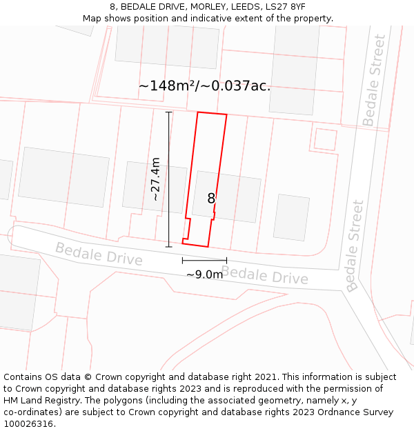 8, BEDALE DRIVE, MORLEY, LEEDS, LS27 8YF: Plot and title map