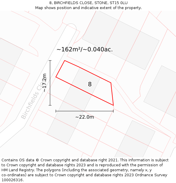 8, BIRCHFIELDS CLOSE, STONE, ST15 0LU: Plot and title map