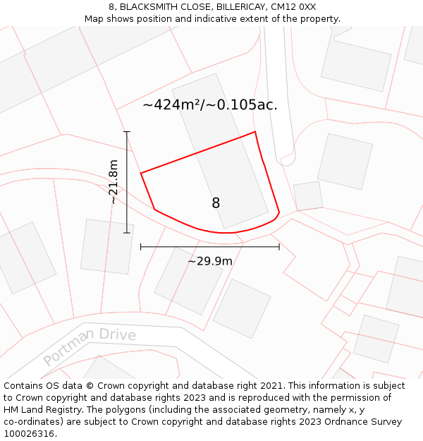 8, BLACKSMITH CLOSE, BILLERICAY, CM12 0XX: Plot and title map