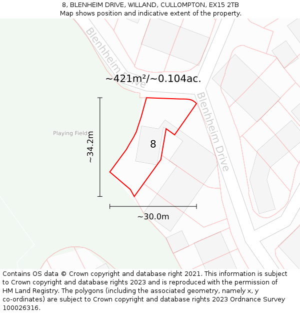 8, BLENHEIM DRIVE, WILLAND, CULLOMPTON, EX15 2TB: Plot and title map