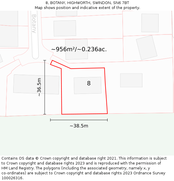 8, BOTANY, HIGHWORTH, SWINDON, SN6 7BT: Plot and title map