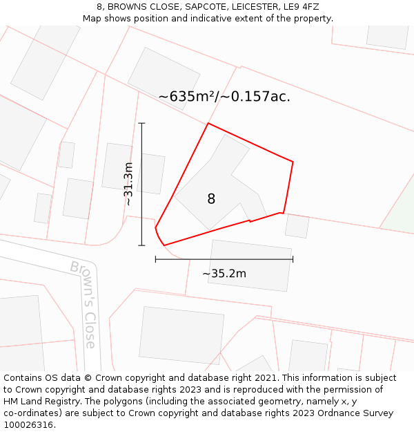8, BROWNS CLOSE, SAPCOTE, LEICESTER, LE9 4FZ: Plot and title map
