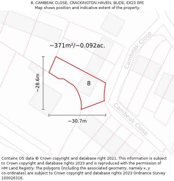 8, CAMBEAK CLOSE, CRACKINGTON HAVEN, BUDE, EX23 0PE: Plot and title map