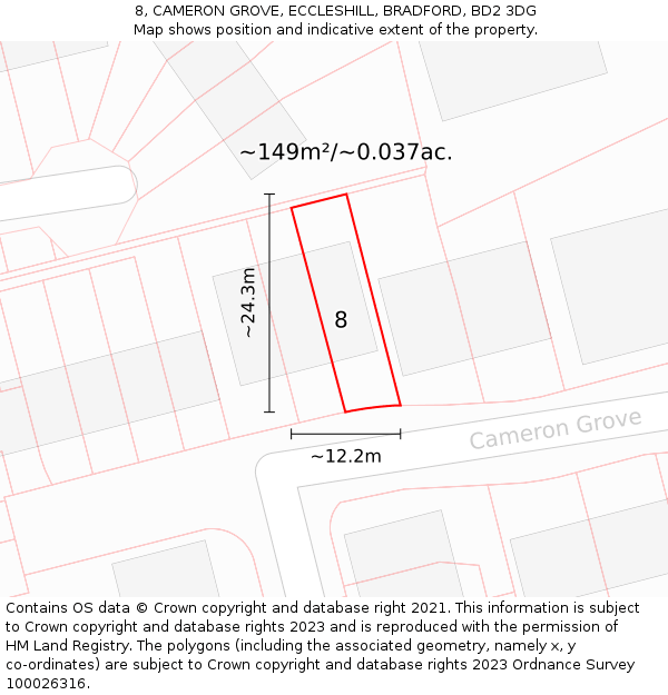8, CAMERON GROVE, ECCLESHILL, BRADFORD, BD2 3DG: Plot and title map
