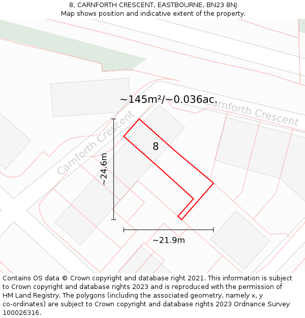 8, CARNFORTH CRESCENT, EASTBOURNE, BN23 8NJ: Plot and title map