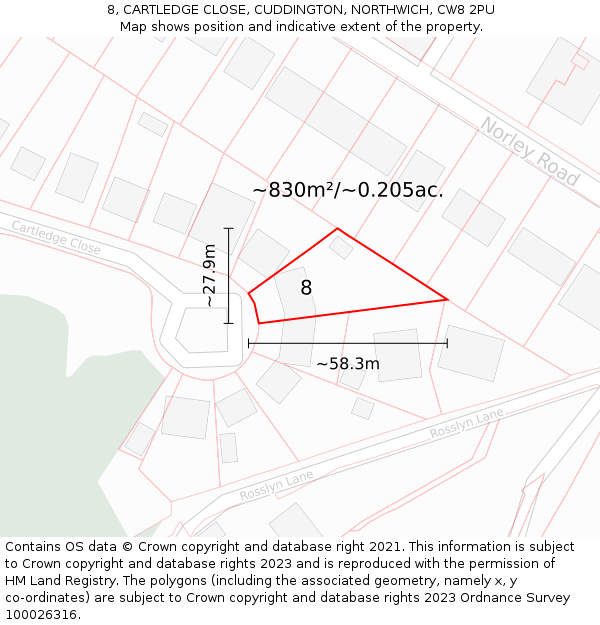 8, CARTLEDGE CLOSE, CUDDINGTON, NORTHWICH, CW8 2PU: Plot and title map