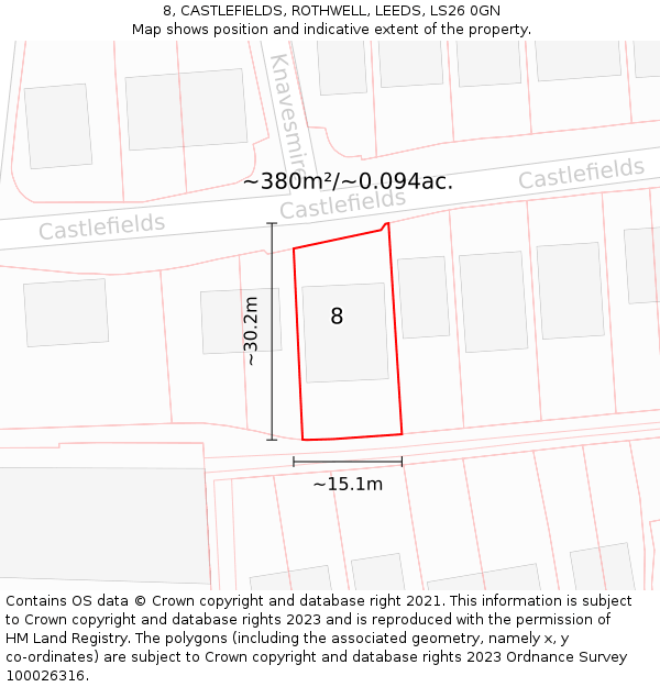 8, CASTLEFIELDS, ROTHWELL, LEEDS, LS26 0GN: Plot and title map