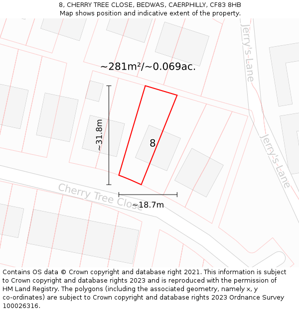 8, CHERRY TREE CLOSE, BEDWAS, CAERPHILLY, CF83 8HB: Plot and title map