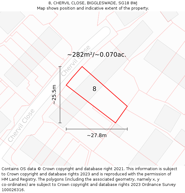 8, CHERVIL CLOSE, BIGGLESWADE, SG18 8WJ: Plot and title map