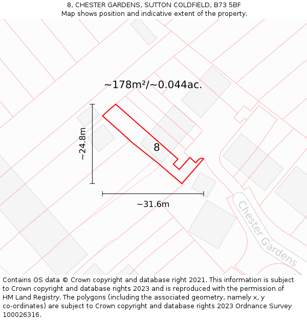 8, CHESTER GARDENS, SUTTON COLDFIELD, B73 5BF: Plot and title map