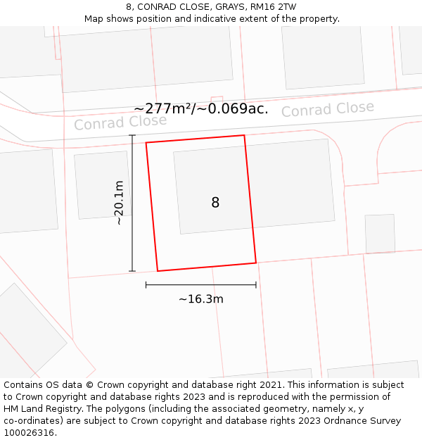 8, CONRAD CLOSE, GRAYS, RM16 2TW: Plot and title map