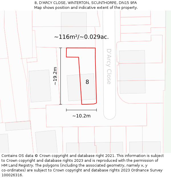 8, D'ARCY CLOSE, WINTERTON, SCUNTHORPE, DN15 9FA: Plot and title map