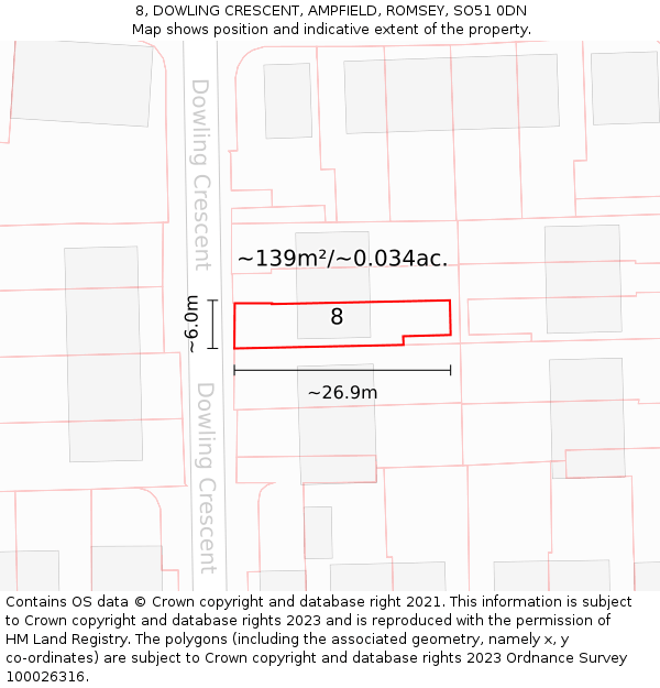 8, DOWLING CRESCENT, AMPFIELD, ROMSEY, SO51 0DN: Plot and title map