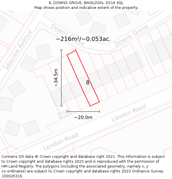 8, DOWNS GROVE, BASILDON, SS16 4QL: Plot and title map