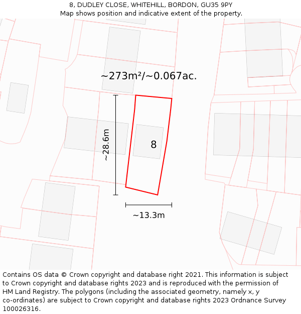 8, DUDLEY CLOSE, WHITEHILL, BORDON, GU35 9PY: Plot and title map