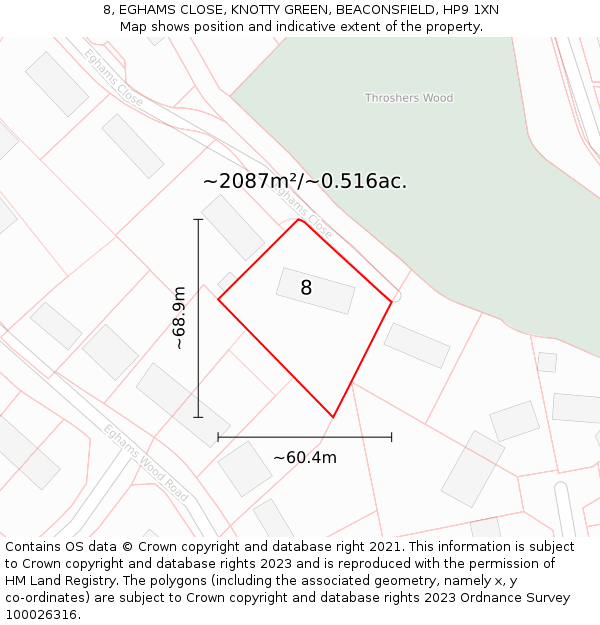 8, EGHAMS CLOSE, KNOTTY GREEN, BEACONSFIELD, HP9 1XN: Plot and title map