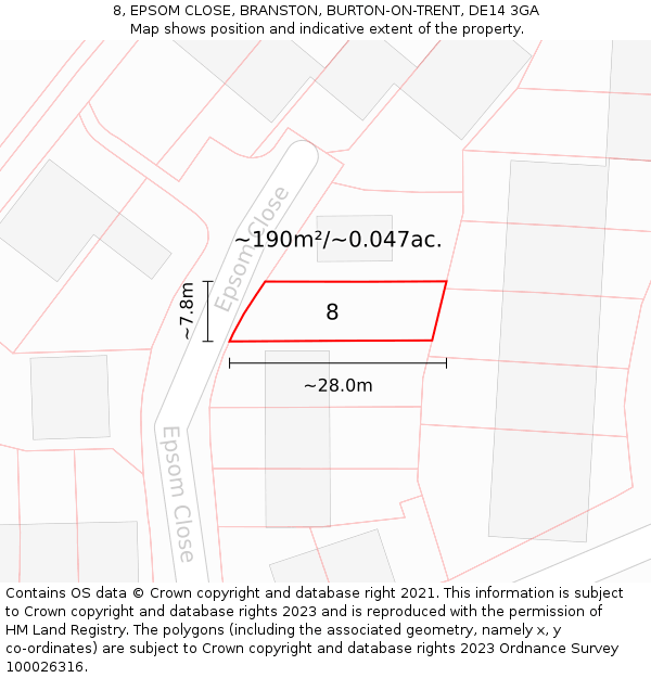 8, EPSOM CLOSE, BRANSTON, BURTON-ON-TRENT, DE14 3GA: Plot and title map