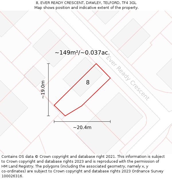 8, EVER READY CRESCENT, DAWLEY, TELFORD, TF4 3GL: Plot and title map