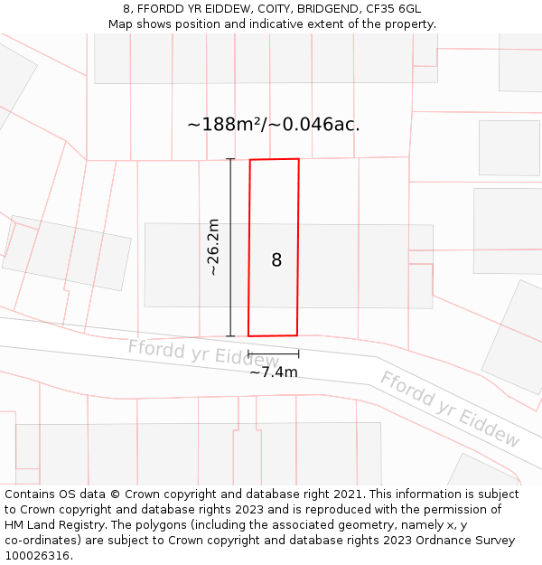 8, FFORDD YR EIDDEW, COITY, BRIDGEND, CF35 6GL: Plot and title map