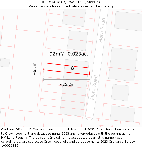8, FLORA ROAD, LOWESTOFT, NR33 7JA: Plot and title map